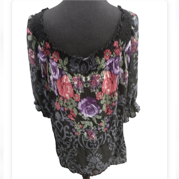 The Avenue Sheer Black Floral Multi Long Sleeve Button Front Ruffle at Neckline - Picture 4 of 8